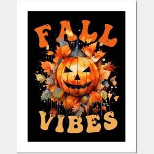 Fall Vibes Pumpkin Watercolor Illustration with Autumn Leaves Posters and Art